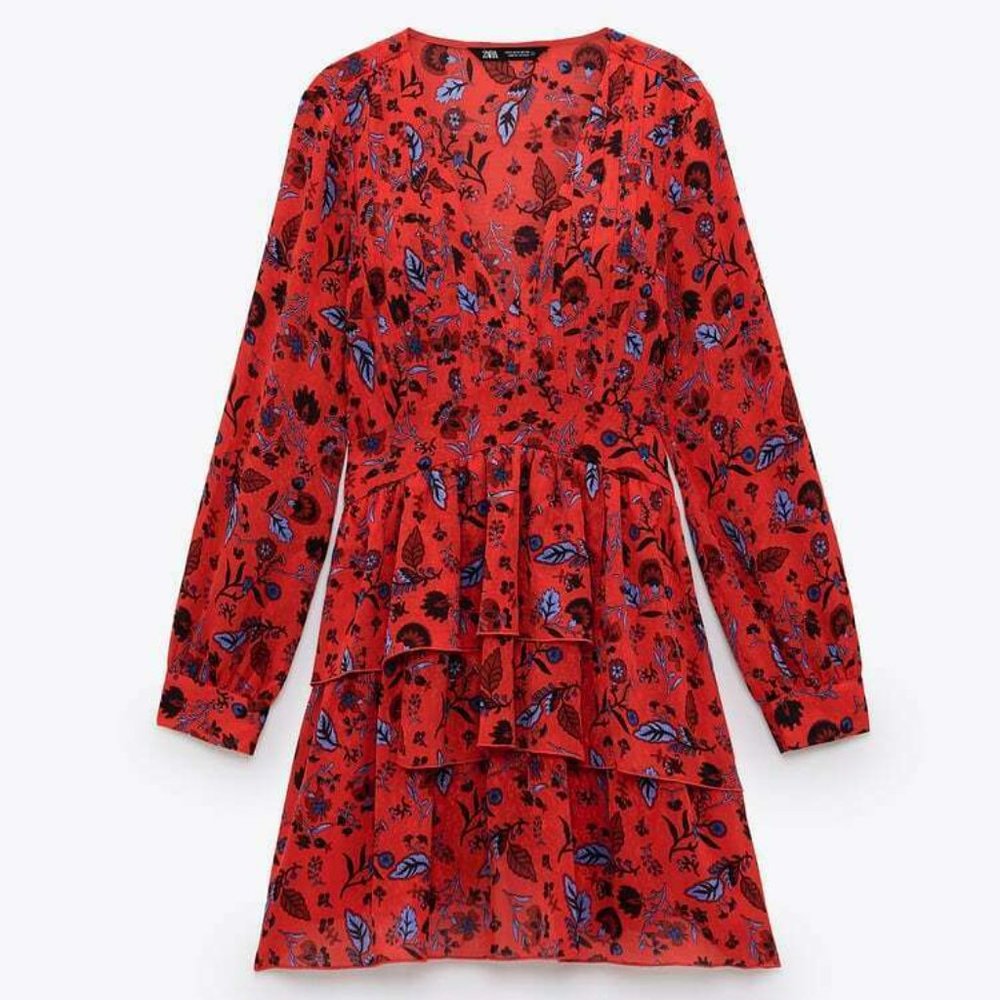 ZARA RUFFLE RED FLORAL SHORT DRESS - Picture 13 of 15
